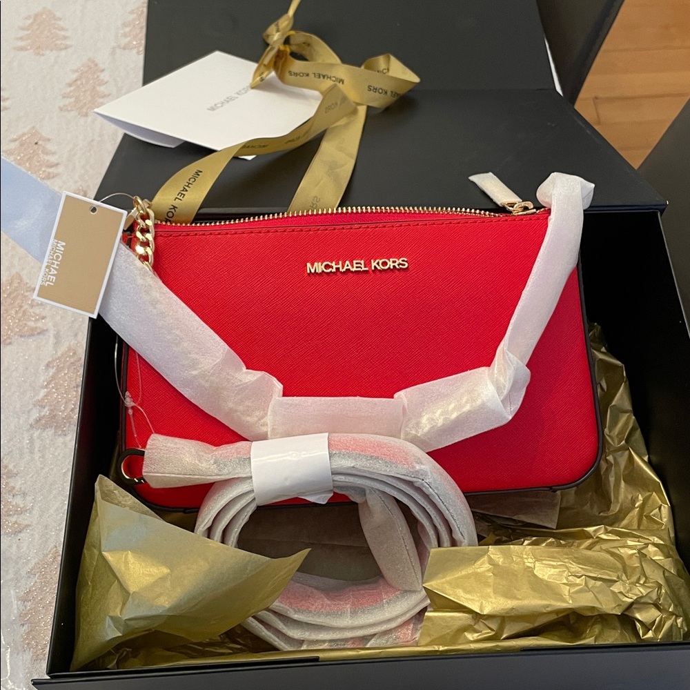 Michael Kors Vibrant Red Crossbody with Gold Accents